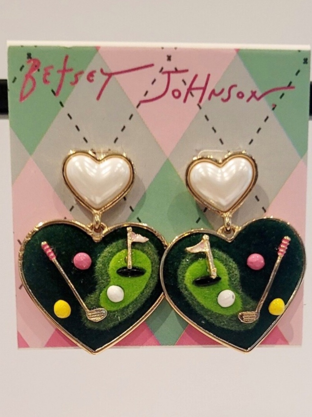 BNWT Betsey Johnson Green Golf Heart Earrings VIRAL